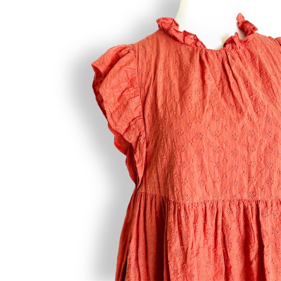 EN SAISON EYELET FLUTTER SLEEVE WASHED COTTON ORANGE BABYDOLL RUFFLED MI… - Picture 4 of 16